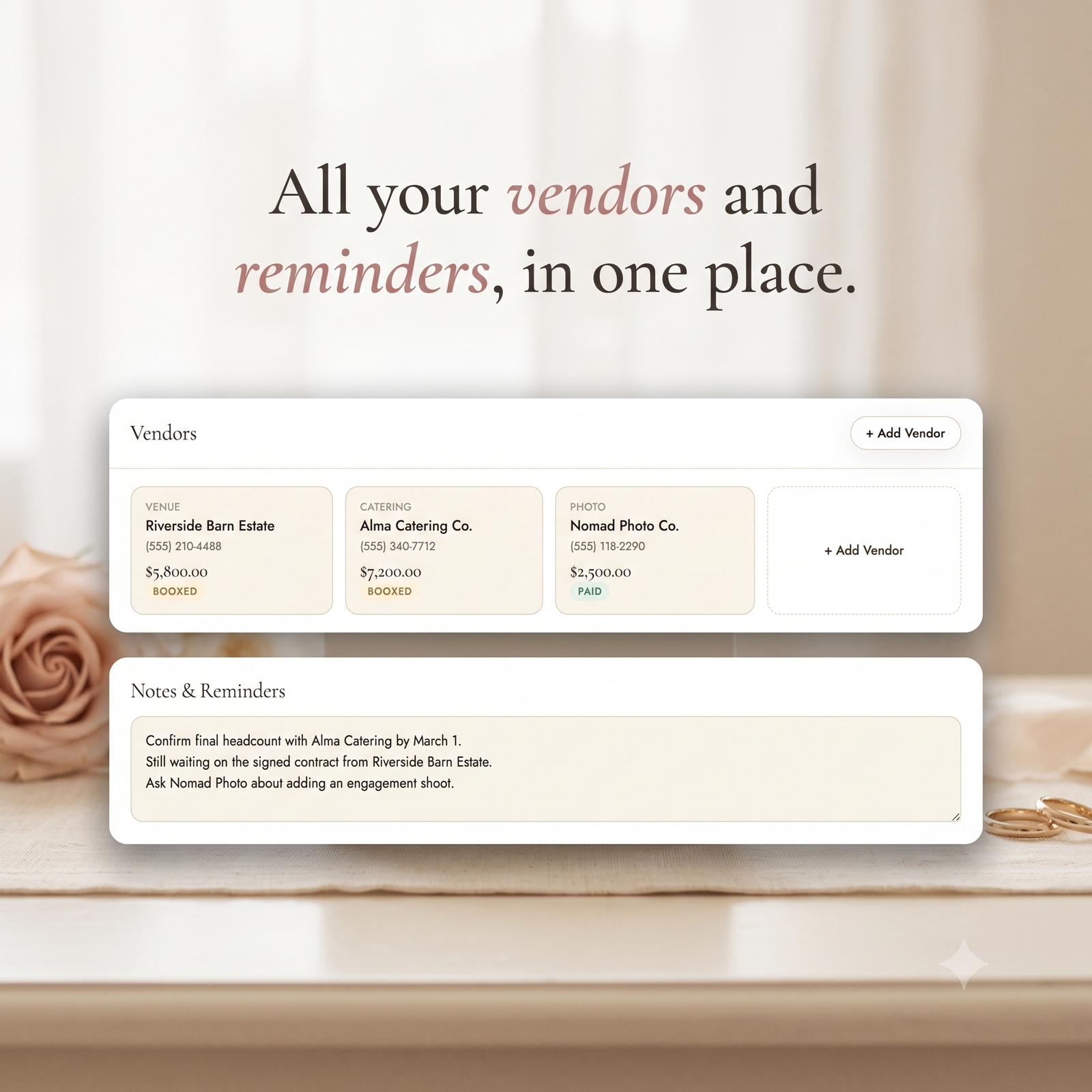 The Budget Bride vendors and notes screen, showing every vendor's contact, deposit, and payment status alongside a reminders section